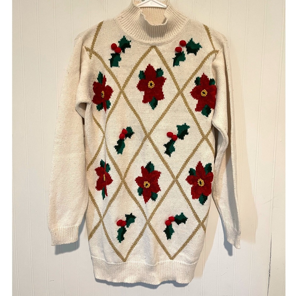 Vintage Laura Gayle Sweater Women S Cream Poinsettia Holly Gold Argyle Holiday